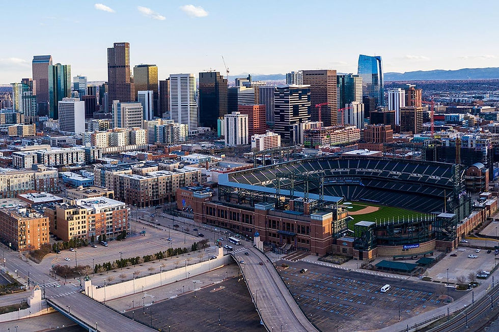 Aerial view of Denver's skyline, including Coors Field