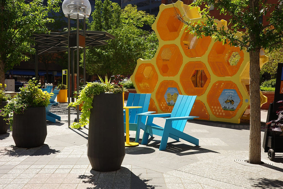 Vibrant urban park with honeycomb art and seating