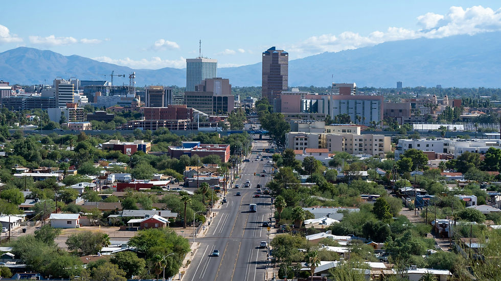 Tucson, Arizona skyline view: City buildings and surrounding mountains