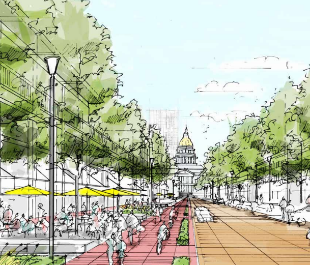 Vibrant downtown streetscape design with Colorado State Capitol