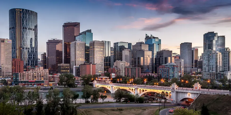 Calgary skyline at dusk, cityscape with bridge